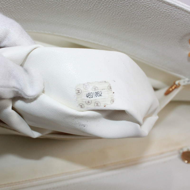 香奈兒 (CHANEL) 鏈條手提包，Coco 標誌，魚子醬紋皮革，白色，女士-8