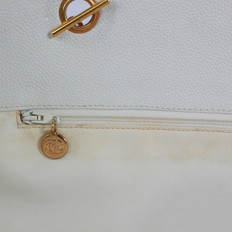 香奈兒 (CHANEL) 鏈條手提包，Coco 標誌，魚子醬紋皮革，白色，女士-11