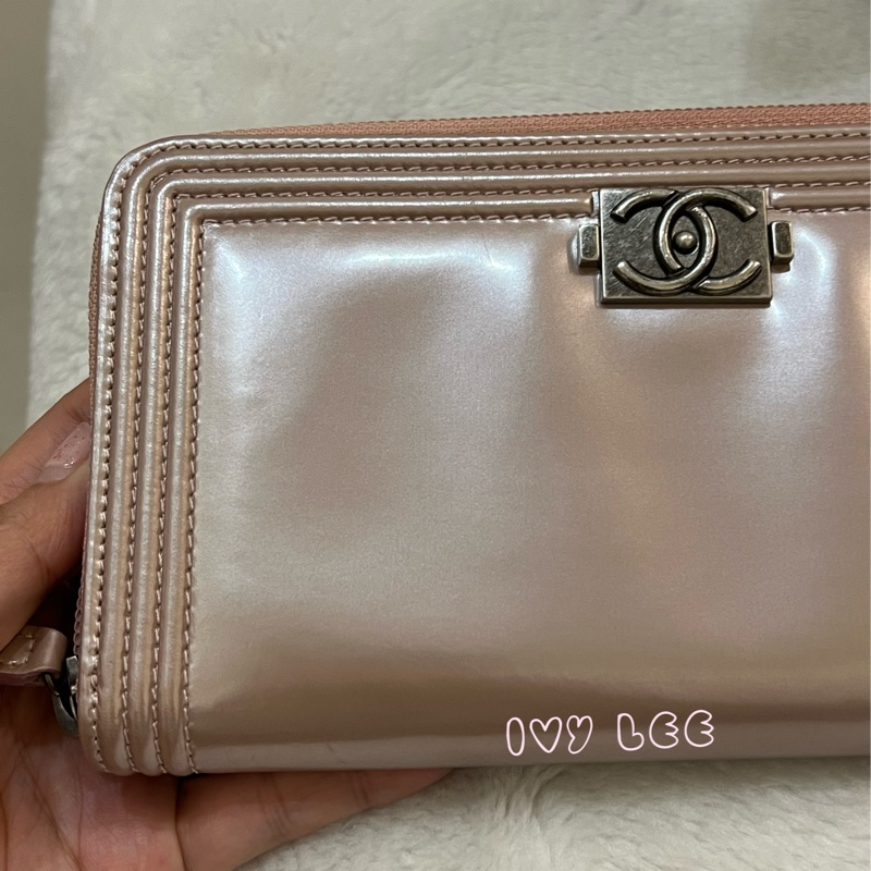CHANEL 16開 金屬皮革 粉色 BOY 拉鍊 長夾 正品 二手精品-27
