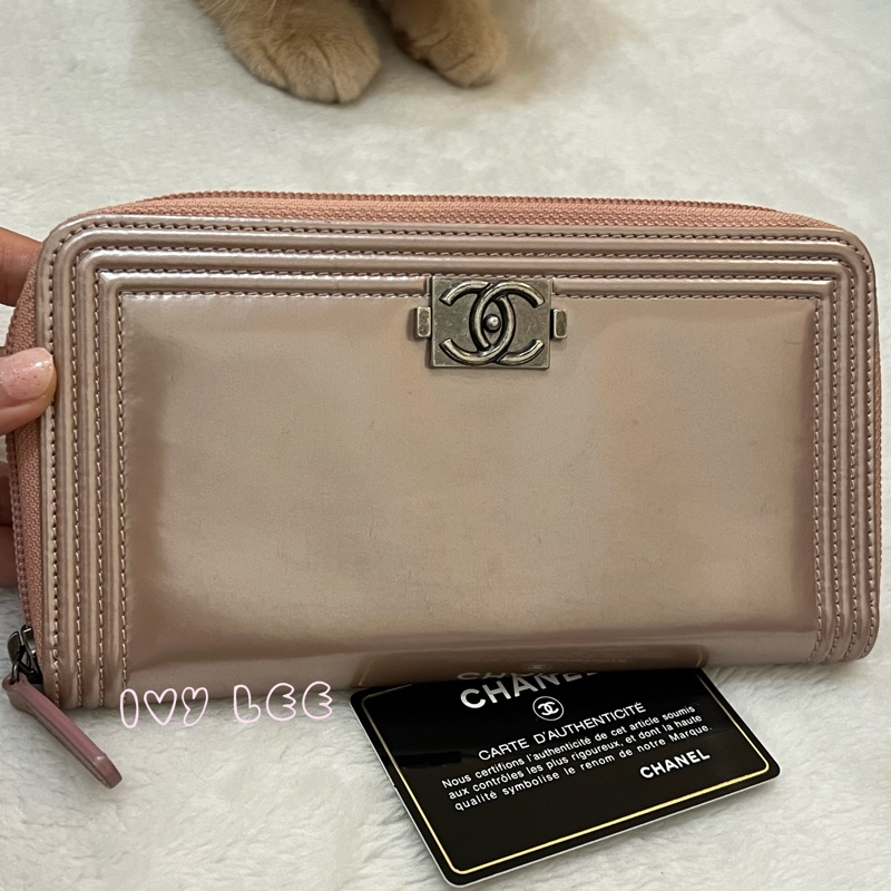 CHANEL 16開 金屬皮革 粉色 BOY 拉鍊 長夾 正品 二手精品-29