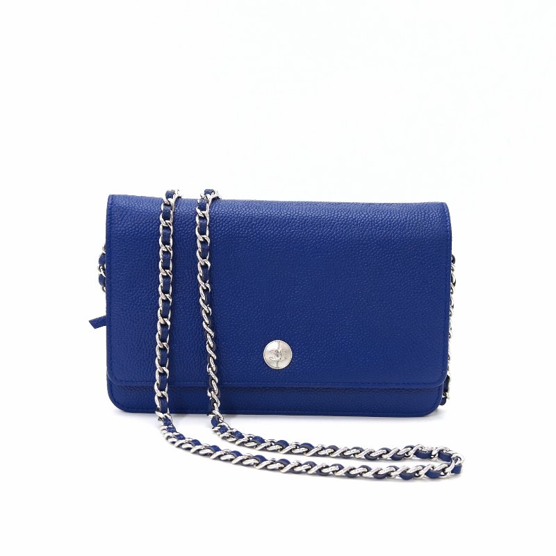 CHANEL 藍銀荔枝紋woc 肩背斜背包19*12*4 98新配件塵袋-1