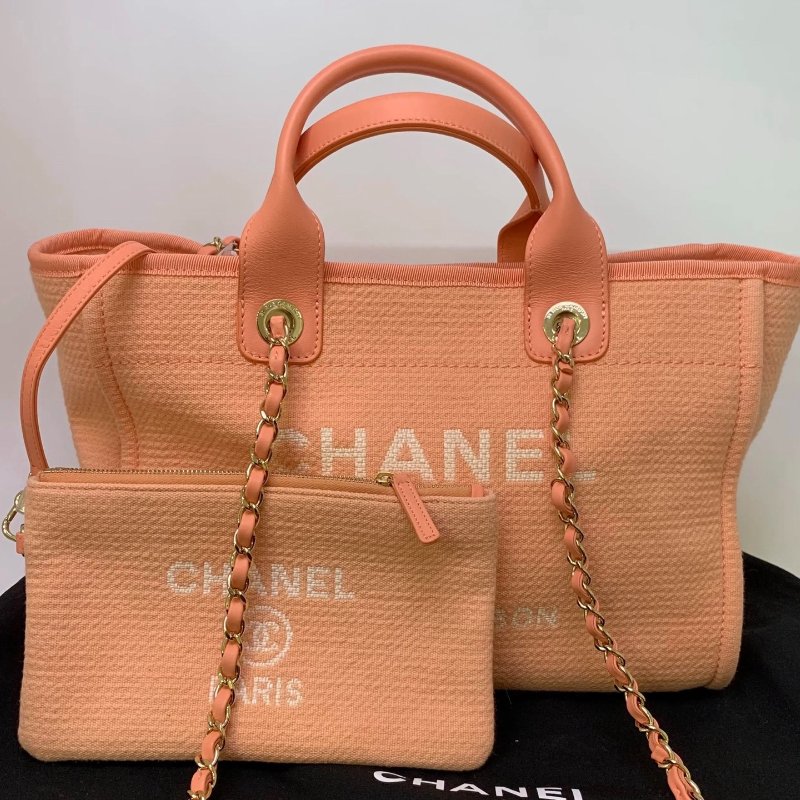 chanel 沙灘包 芯片款 橘粉 32*23*17  98新配件塵袋 子袋-2