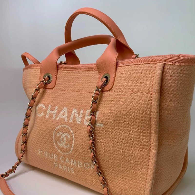 chanel 沙灘包 芯片款 橘粉 32*23*17  98新配件塵袋 子袋-3