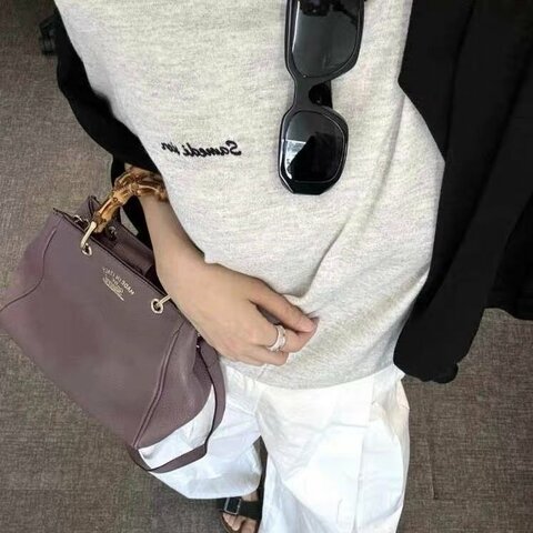 Gucci Miss Bamboo牛皮斜背包 竹節手柄 紫色 牛皮20*16*9 98新配件肩帶 塵袋