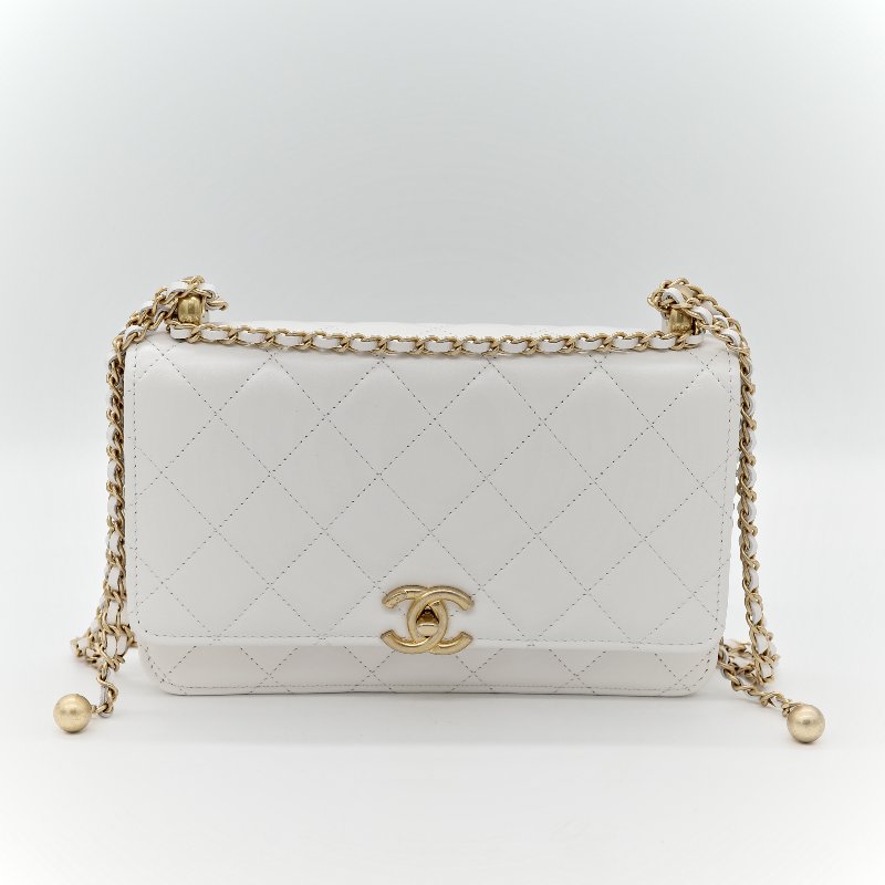 Chanel 香奈兒 白色 牛皮 雙金球 WOC 斜挎包-1