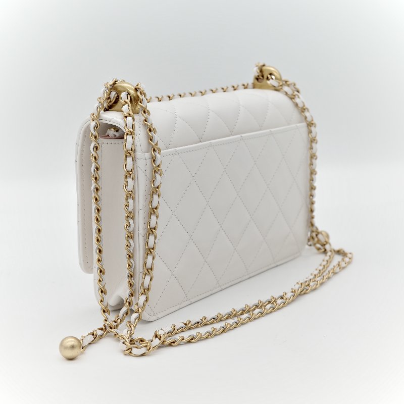 Chanel 香奈兒 白色 牛皮 雙金球 WOC 斜挎包-5
