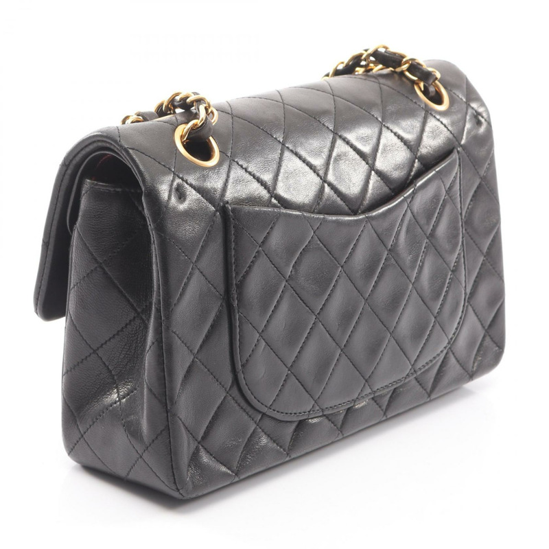 香奈兒 (CHANEL) Matelasse W 翻蓋鏈條單肩背包，羊皮材質，黑色，二手，金色五金，CC-1