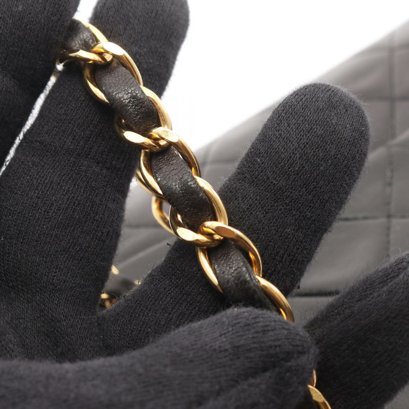 香奈兒 (CHANEL) Matelasse W 翻蓋鏈條單肩背包，羊皮材質，黑色，二手，金色五金，CC-10