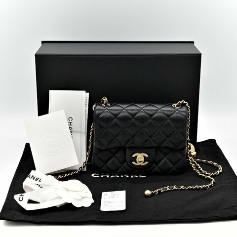 Chanel 香奈兒 Mini Square Pearl Crush 方胖子 黑色 羊皮小金球 斜背鏈帶包