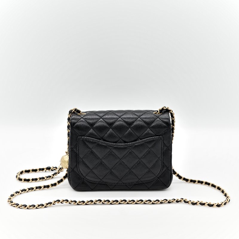 Chanel 香奈兒 Mini Square Pearl Crush 方胖子 黑色 羊皮小金球 斜背鏈帶包-4