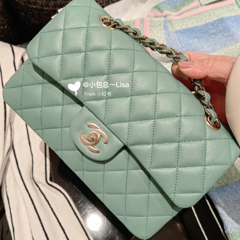 CHANEL 經典口蓋包 CF23 - 羊皮綠金-11