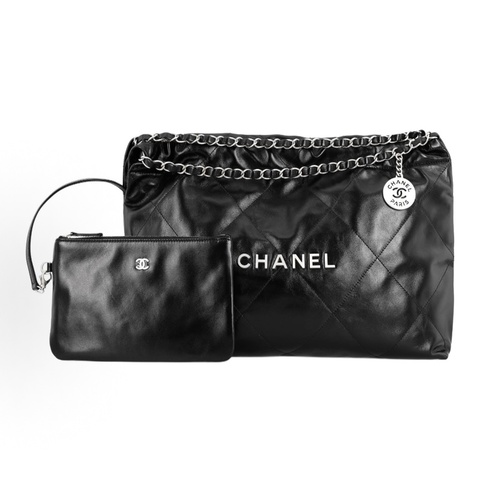 Chanel 24c 橫版22bag 子母購物袋 黑銀菱格 亮面牛皮 尺寸約45*30*8 芯片款