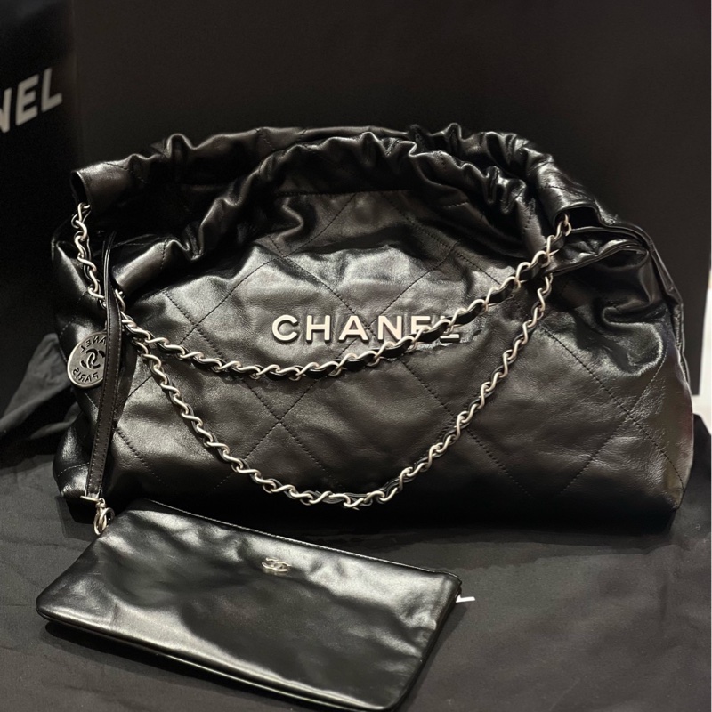 Chanel 24c 橫版22bag 子母購物袋 黑銀菱格 亮面牛皮 尺寸約45*30*8 芯片款-1