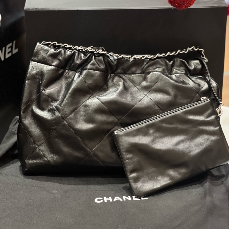 Chanel 24c 橫版22bag 子母購物袋 黑銀菱格 亮面牛皮 尺寸約45*30*8 芯片款-2