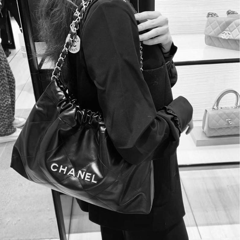 Chanel 24c 橫版22bag 子母購物袋 黑銀菱格 亮面牛皮 尺寸約45*30*8 芯片款-3
