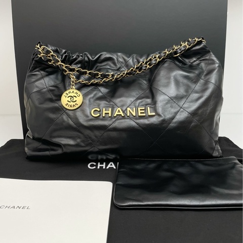 Chanel香奈兒橫版22bag黑金24C垃圾袋單肩包 尺寸約39x23