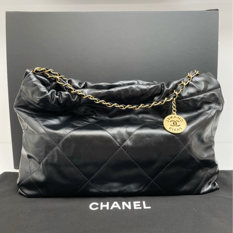 Chanel香奈兒橫版22bag黑金24C垃圾袋單肩包 尺寸約39x23-3