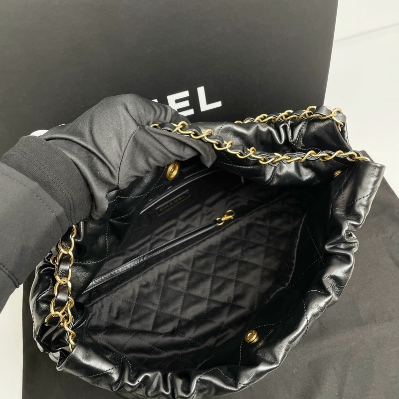 Chanel香奈兒橫版22bag黑金24C垃圾袋單肩包 尺寸約39x23-5