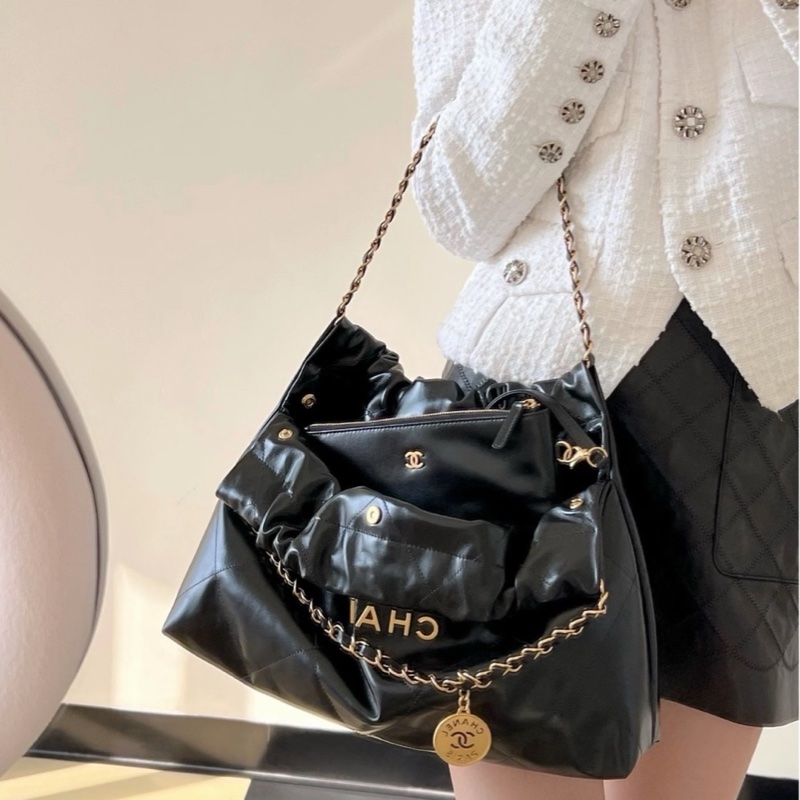 Chanel香奈兒橫版22bag黑金24C垃圾袋單肩包 尺寸約39x23-7