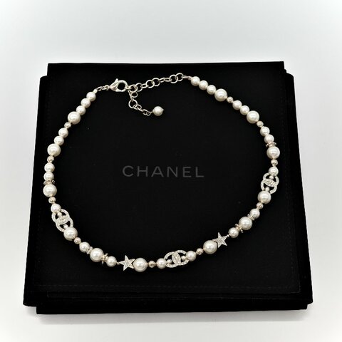 Chanel 香奈兒 金色 水鑽 星星 珍珠 雙C項鍊