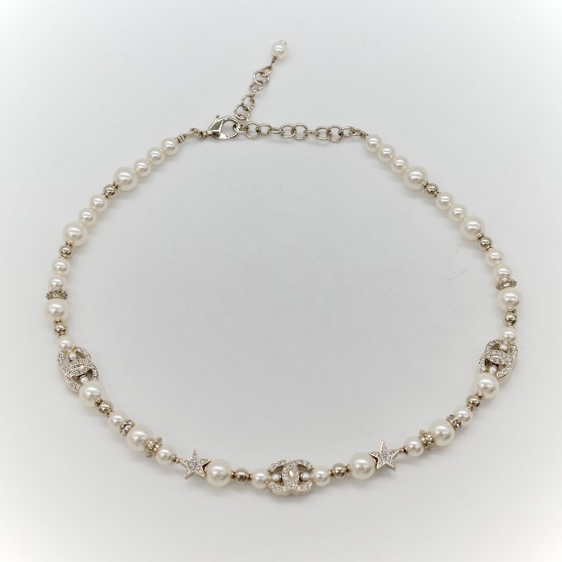 Chanel 香奈兒 金色 水鑽 星星 珍珠 雙C項鍊-1