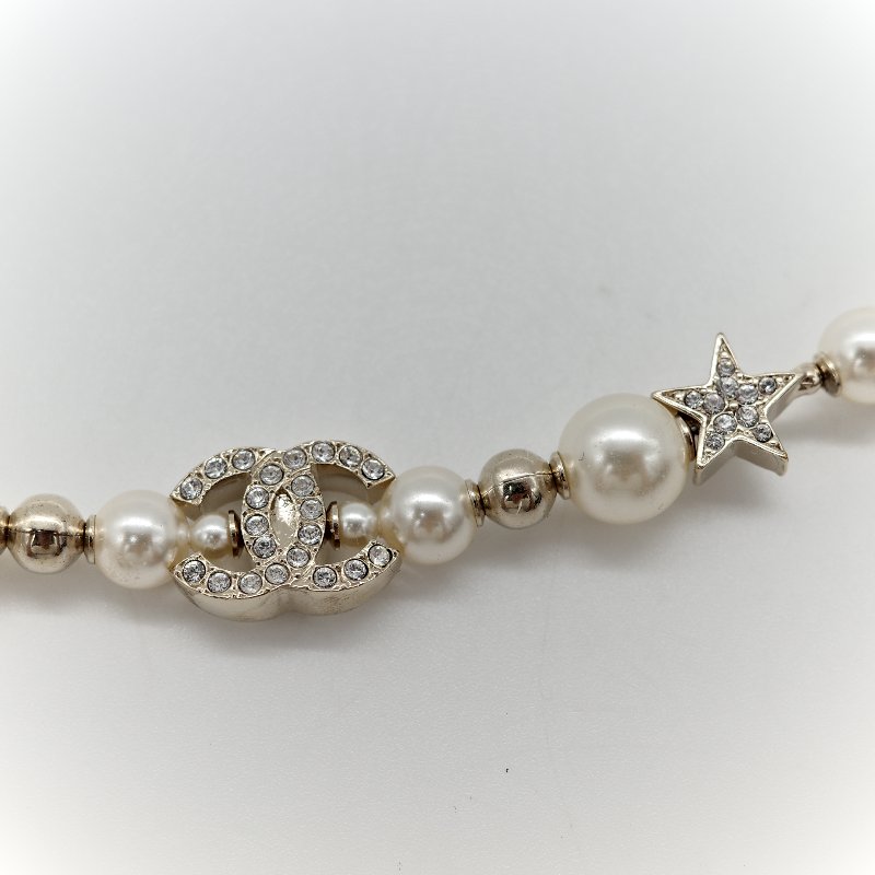 Chanel 香奈兒 金色 水鑽 星星 珍珠 雙C項鍊-4