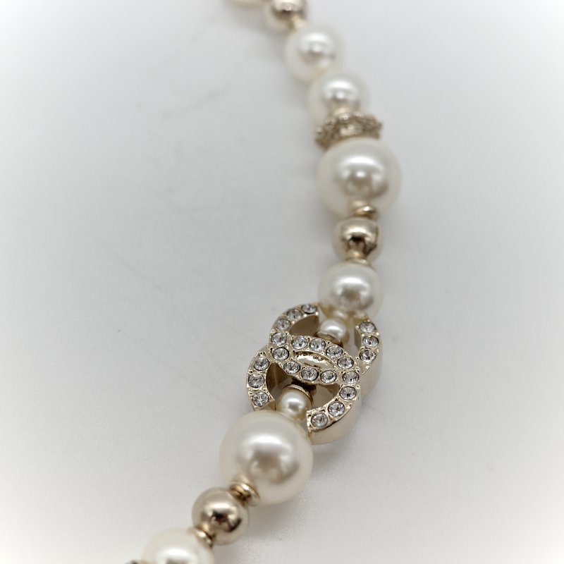 Chanel 香奈兒 金色 水鑽 星星 珍珠 雙C項鍊-5