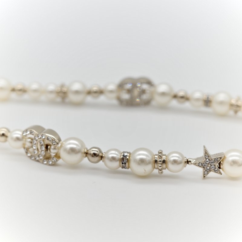 Chanel 香奈兒 金色 水鑽 星星 珍珠 雙C項鍊-9