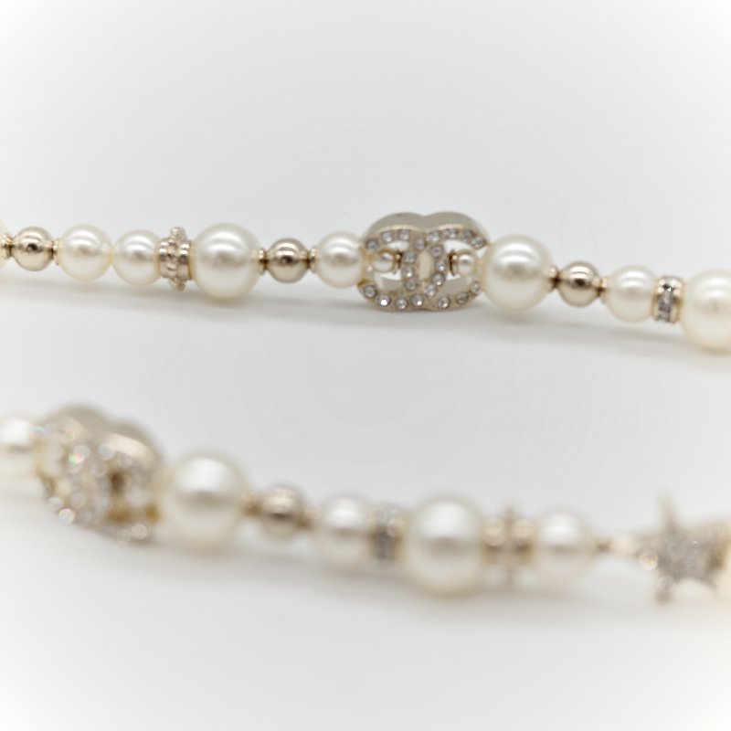 Chanel 香奈兒 金色 水鑽 星星 珍珠 雙C項鍊-10