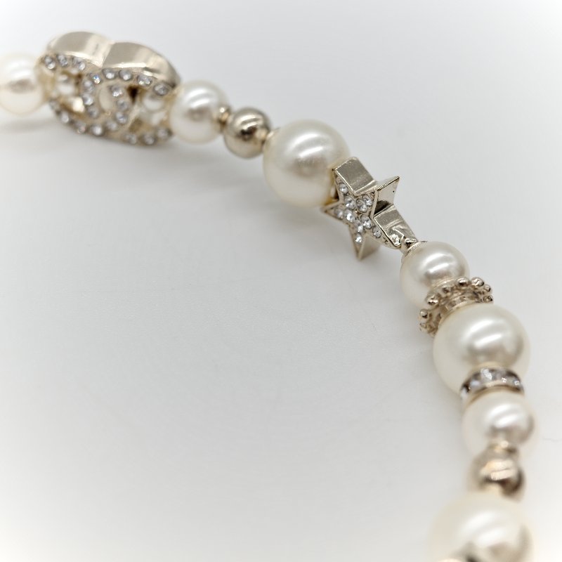 Chanel 香奈兒 金色 水鑽 星星 珍珠 雙C項鍊-12