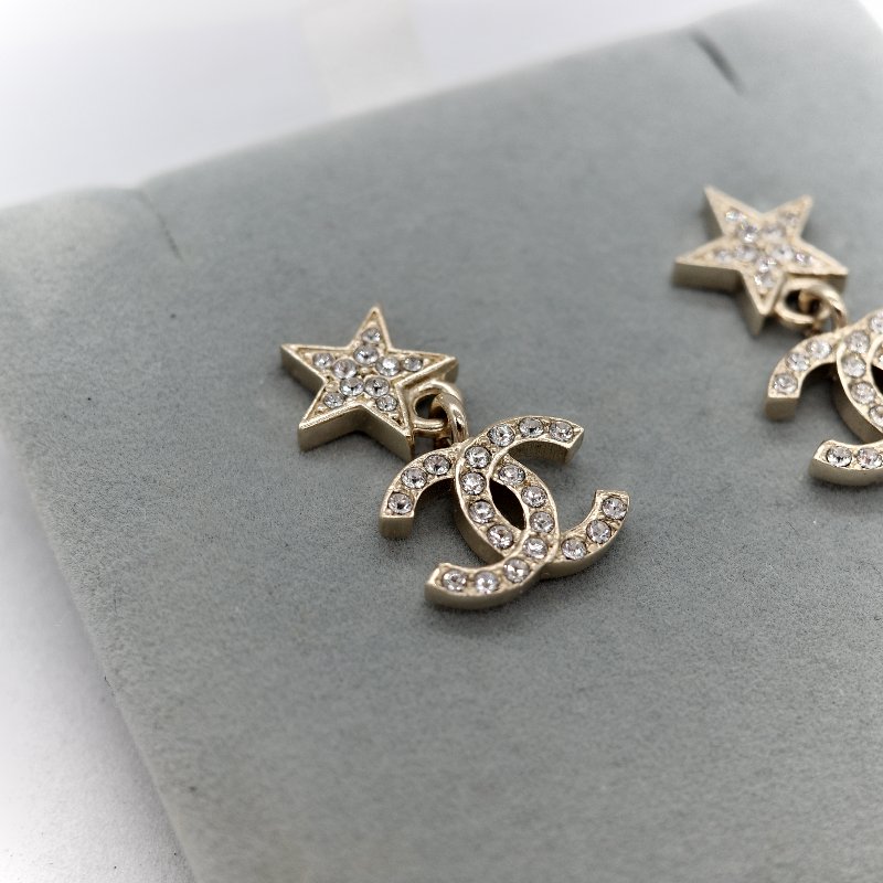 Chanel 香奈兒 耳環 金色 水鑽 星星 雙C 針式耳環-1