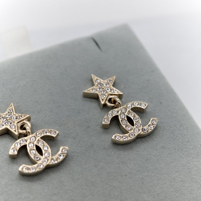 Chanel 香奈兒 耳環 金色 水鑽 星星 雙C 針式耳環-2