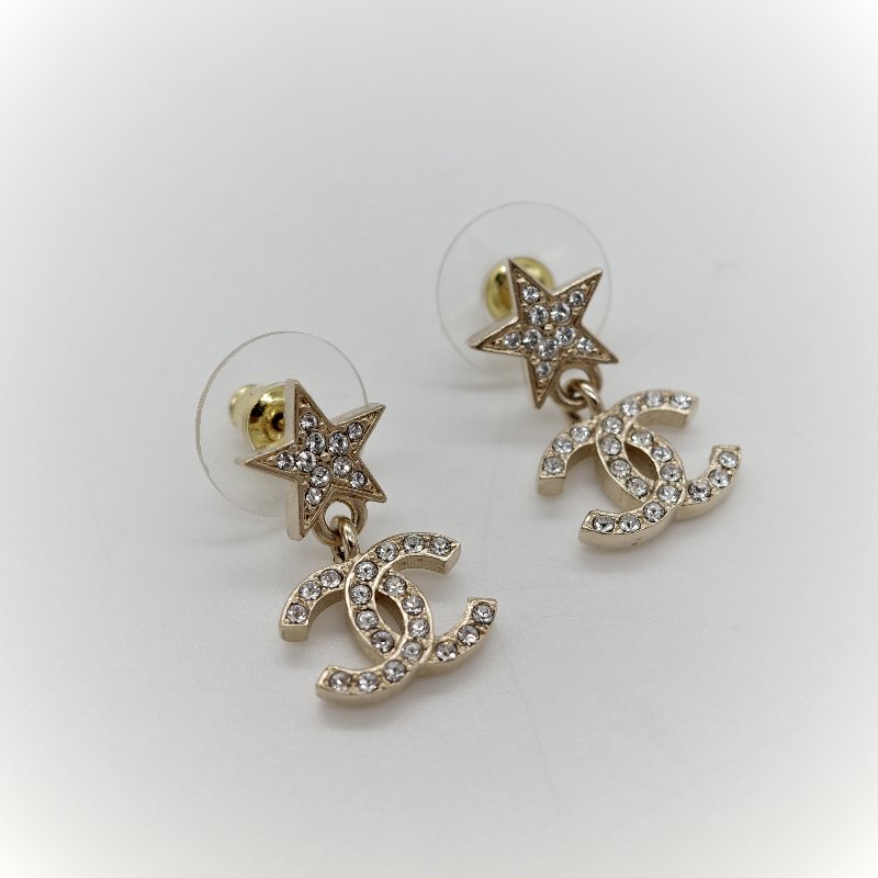 Chanel 香奈兒 耳環 金色 水鑽 星星 雙C 針式耳環-3