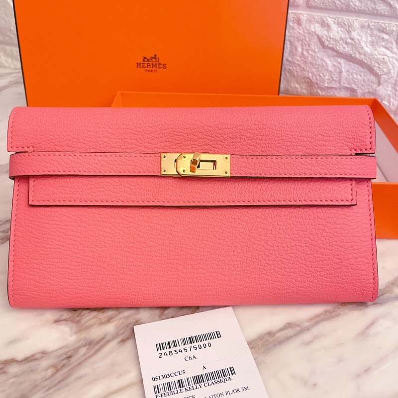 絕美收藏款山羊皮全新✨ HERMES 愛馬仕 金釦KELLY WALLET U5 唇膏粉長夾-0