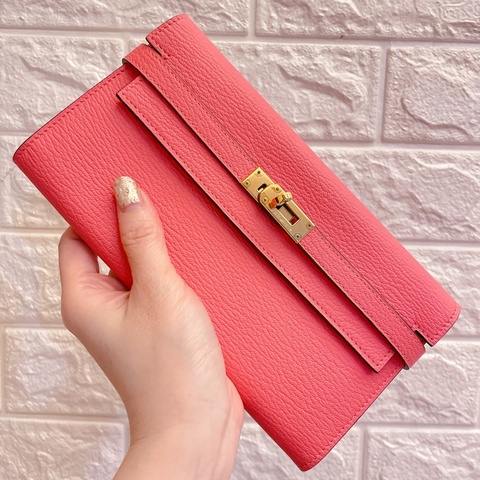 絕美收藏款山羊皮全新✨ HERMES 愛馬仕 金釦KELLY WALLET U5 唇膏粉長夾