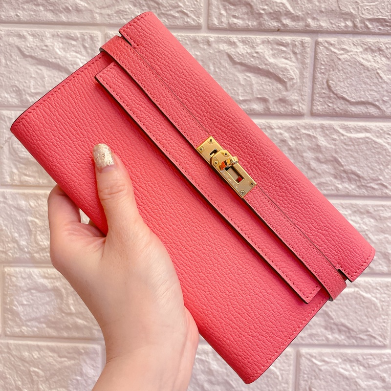 絕美收藏款山羊皮全新✨ HERMES 愛馬仕 金釦KELLY WALLET U5 唇膏粉長夾-1