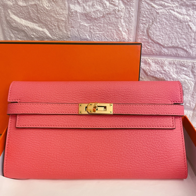 絕美收藏款山羊皮全新✨ HERMES 愛馬仕 金釦KELLY WALLET U5 唇膏粉長夾-2