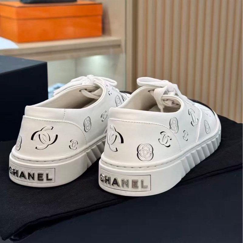 閒置未使用 Chanel 23b牛皮小白鞋球鞋山茶花圖案37碼-5