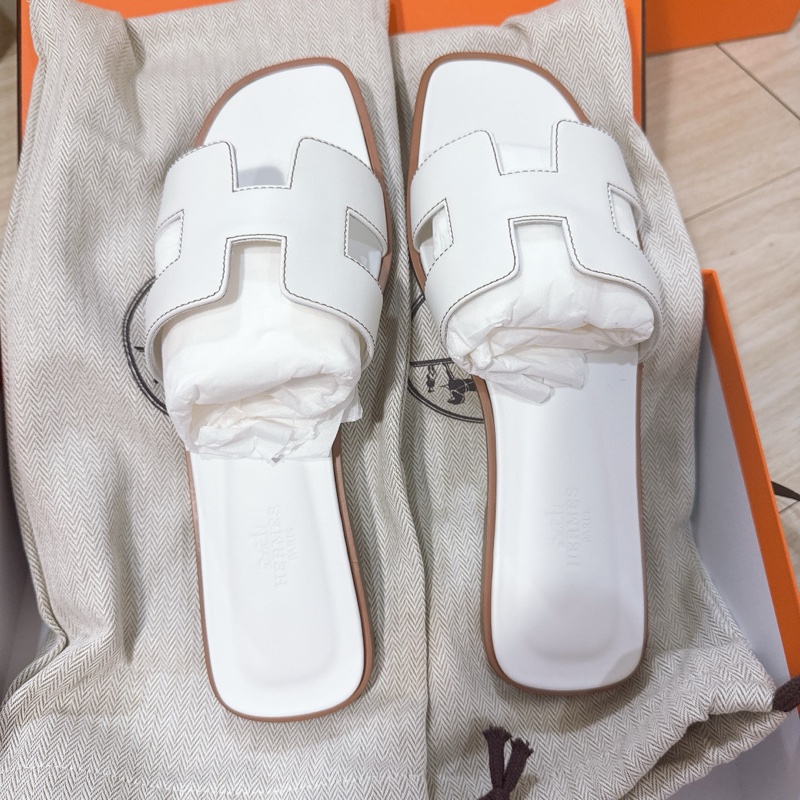 💖Hermes Oran H 拖鞋 白色 38.5號💖 全新全配 夏天必備-0