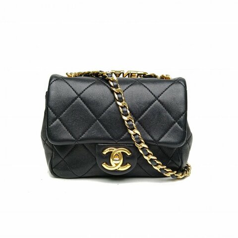 CHANEL 黑色牛皮晶片開金扣字母圓環手提方胖子CF口蓋包肩背包