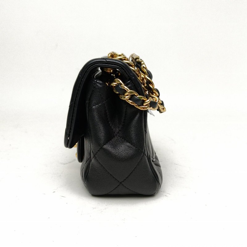 CHANEL 黑色牛皮晶片開金扣字母圓環手提方胖子CF口蓋包肩背包-1