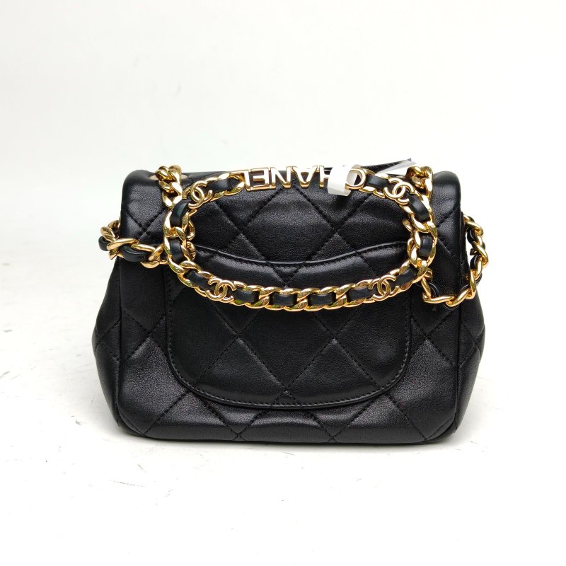 CHANEL 黑色牛皮晶片開金扣字母圓環手提方胖子CF口蓋包肩背包-2