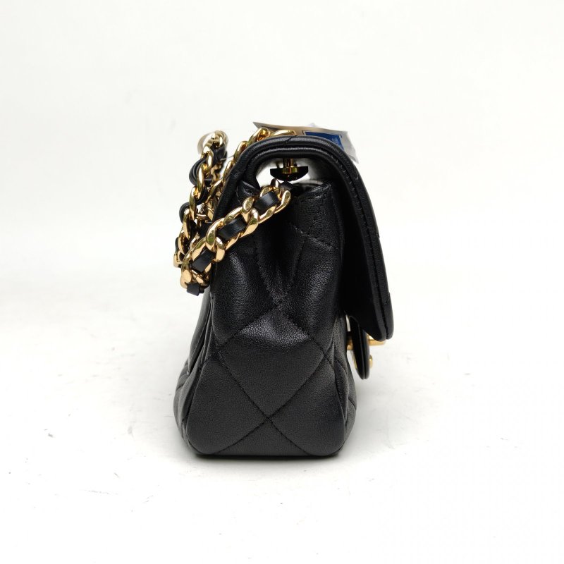 CHANEL 黑色牛皮晶片開金扣字母圓環手提方胖子CF口蓋包肩背包-3