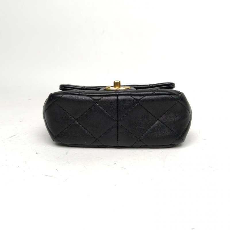 CHANEL 黑色牛皮晶片開金扣字母圓環手提方胖子CF口蓋包肩背包-4