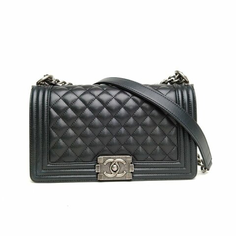 CHANEL Leboy中號25黑色荔枝牛皮晶片開銀扣肩背包