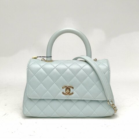 CHANEL CocoHandle小號24藍色荔枝牛皮晶片開金扣肩背包