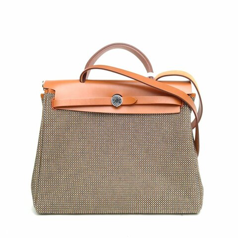 HERMES Herbag3101白色拼黑色拼黃褐色拼沙漠金帆布牛皮U刻銀扣肩背包