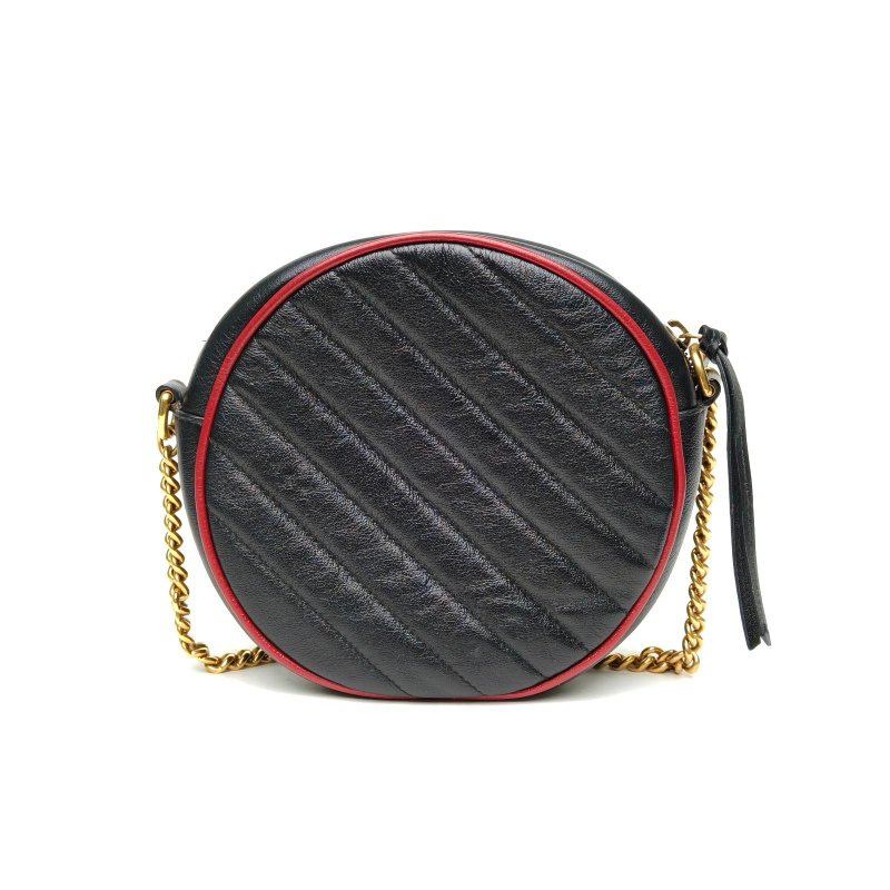 GUCCI GGMarmont圓餅包Mini18.5羊角扣黑色牛皮金扣肩背包-2