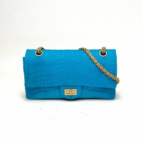 CHANEL 2.55口蓋包小號24藍色緞面11開金扣肩背包