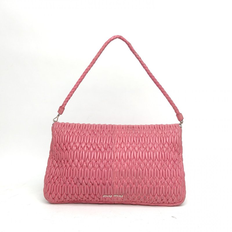 MIU MIU 褶皺33仿水晶斜挎包玫紅羊皮鑽扣肩背包-2